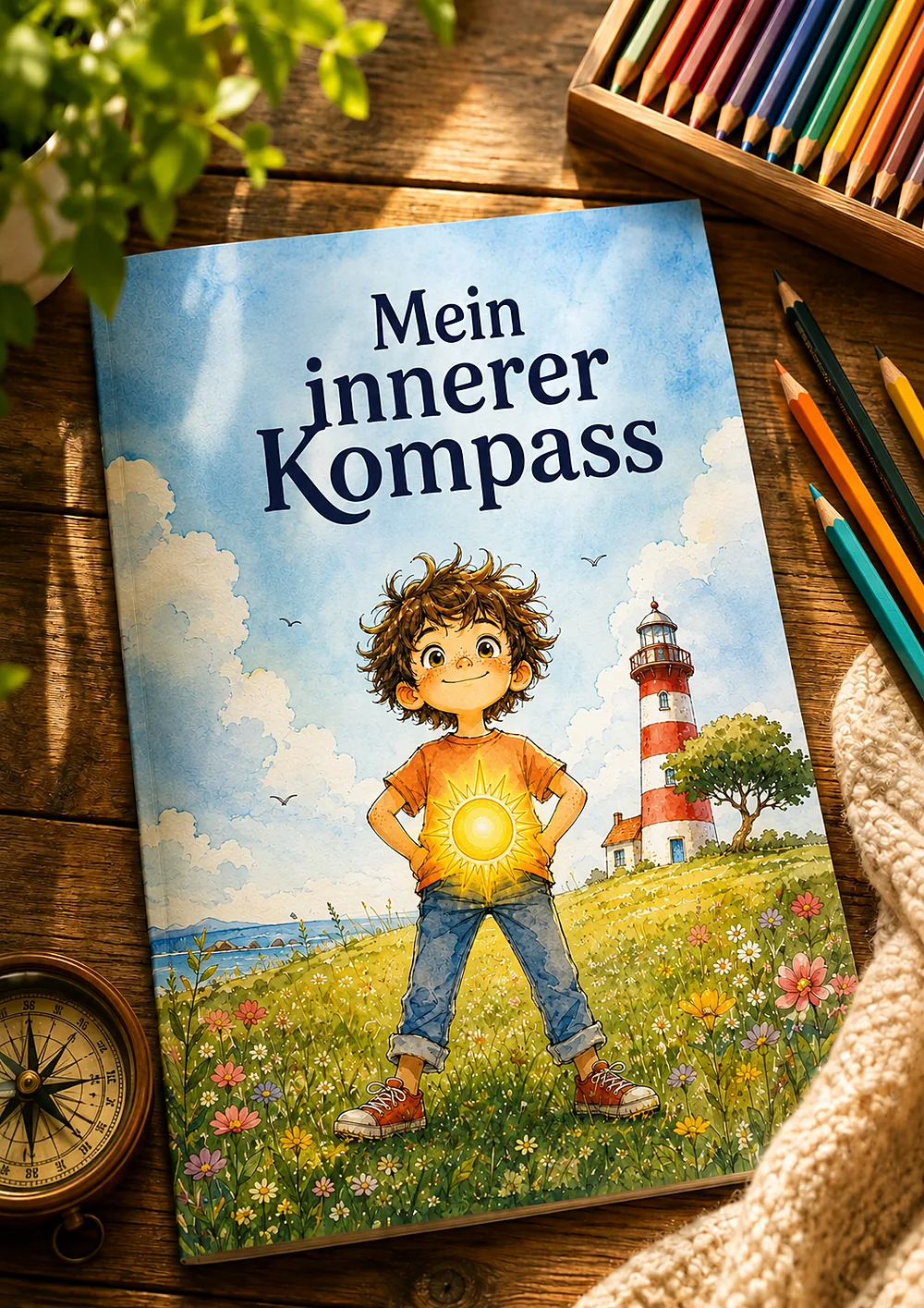 Malbuch Mein innerer Kompass auf einem Holztisch neben Buntstiften